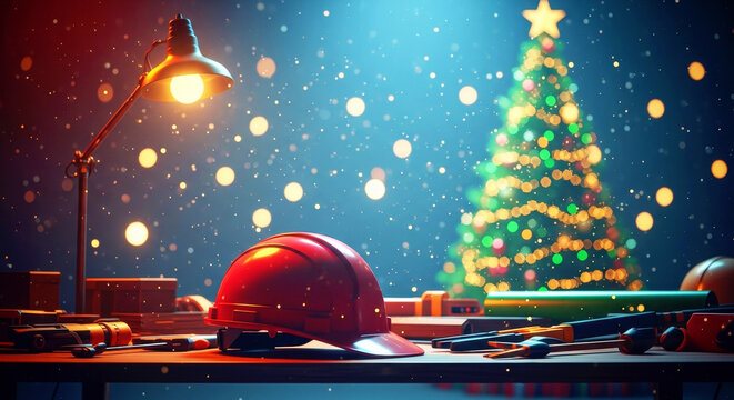 Red hard hat and tools by a lamp on a desk with a Christmas tree in the background. Holiday construction concept for greeting card.