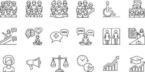 A collection of diverse icons representing community, wellness, accessibility, and growth in clean outline vector style, suitable for educational and social projects