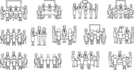 Obraz premium A collection of business people engaged in meetings and discussions in outline vector style, ideal for corporate presentations and teamwork concepts