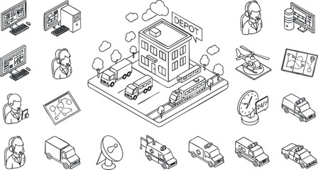 A logistics depot with delivery trucks and workers in line art style, suitable for transportation and business-related projects