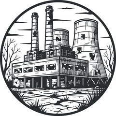 An abandoned industrial factory with smokestacks and cooling towers in black and white outline vector style, ideal for environmental awareness projects