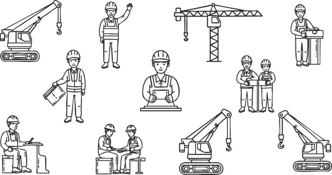 A collection of construction workers and equipment in outline vector style, ideal for construction industry projects and illustrations