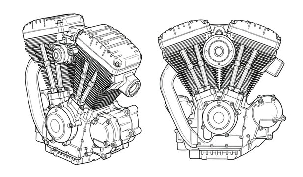 Detailed motorcycle engine blueprint style illustration featuring intricate mechanical design and engineering details for automotive enthusiasts and technical drawings silhouette