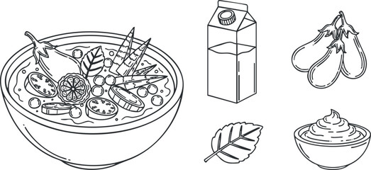 A bowl of vegetable soup with fresh ingredients and dairy products in minimalist outline vector style, perfect for culinary illustrations