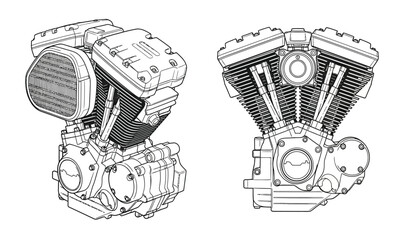 Detailed motorcycle engine technical drawing in black and white silhouette style illustrating mechanics and design for automotive enthusiasts and engineering projects silhouette © rsvect02