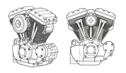 Detailed motorcycle engine illustration two views showing intricate components and design features in a clean technical silhouette style silhouette