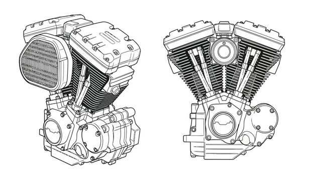 Detailed motorcycle engine technical drawing in black and white silhouette style illustrating mechanics and design for automotive enthusiasts and engineering projects silhouette