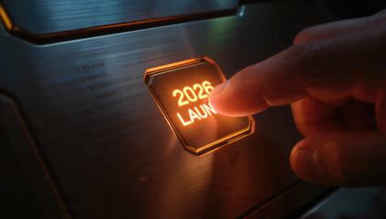 A finger presses a glowing '2026 LAUNCH' button on a futuristic control panel, symbolizing future plans or events.