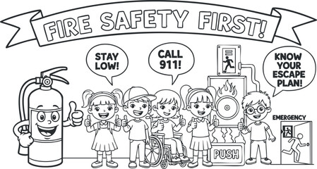 A fun black and white vector illustration promoting fire safety featuring children, an extinguisher, and key safety messages, ideal for educational materials