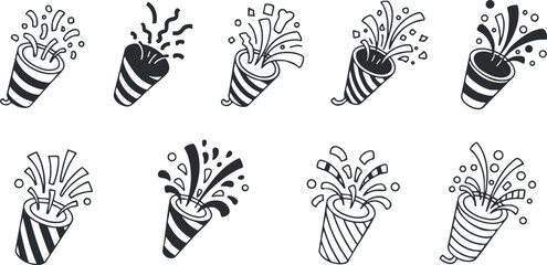 A set of festive party poppers with confetti and sparkles in black and white vector style, perfect for event invitations