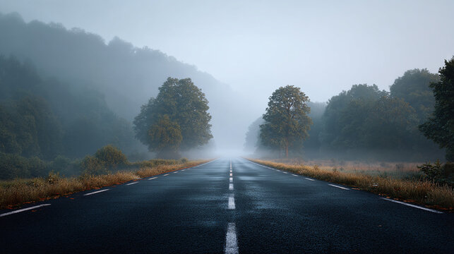 A misty road disappearing into the distance, framed by trees and a blurred mountain background