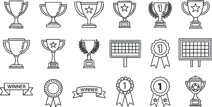 A collection of trophy and award icons in black and white outline vector style, perfect for sports and achievement design