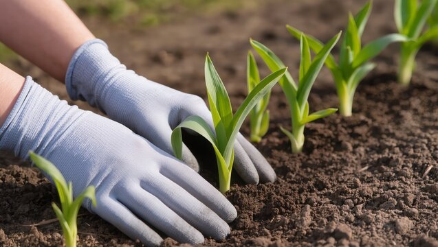 Close-up of hands in light-gray gardening gloves pressing soil around young green seedlings, illustrating spring garden work, plant care, and everyday gardening routine