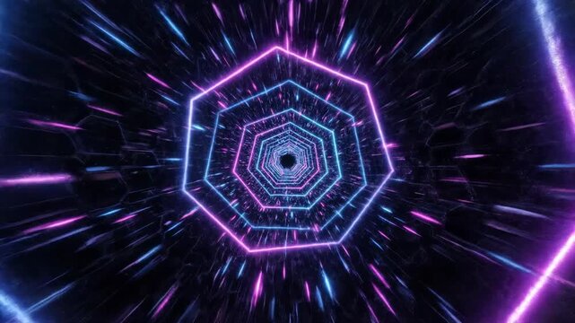 Seamlessly looping abstract tunnel of glowing neon geometric wireframes receding into infinite dark space perspective, element, wireframes