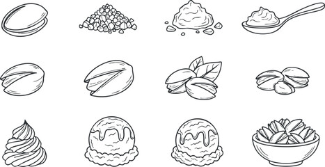 A collection of dessert and sweet treats including macarons, pistachios, and ice cream in black and white outline vector style, suitable for culinary design projects