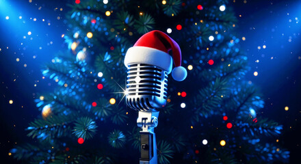 Vintage microphone with Santa hat. Christmas carol and holiday music entertainment concept. Festive celebration for New Year song.