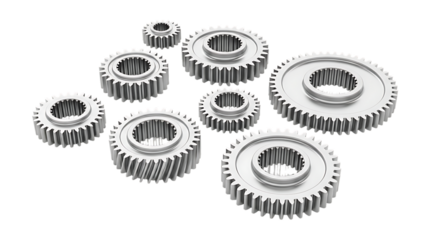 Collection of various sized metallic gears, toothed edges and central holes, cutout, PNG isolated on white or transparent background