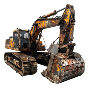 Heavily rusted, abandoned hydraulic excavator on tracks, detailed close-up