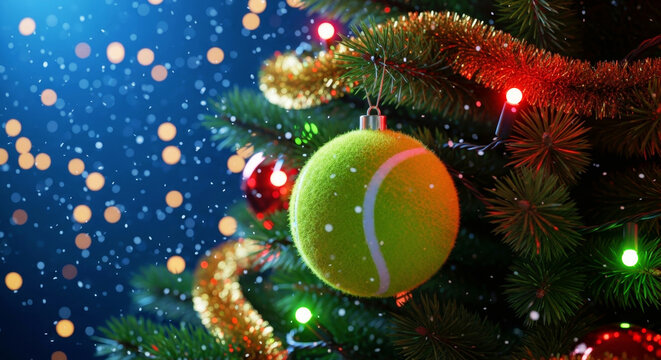 Tennis ball Christmas ornament hanging on a festive Christmas tree adorned with colorful lights and falling snow. Holiday sports theme.