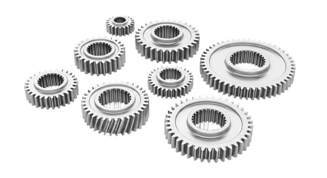 Collection of various sized metallic gears, toothed edges and central holes, cutout, PNG isolated on white or transparent background