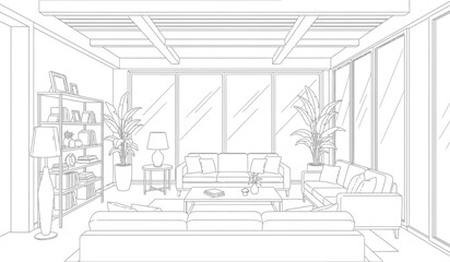 Living room interior design sketch with bookshelf sofa and plants featuring a clean silhouette style for architectural visualization and creative projects silhouette © rsvect02