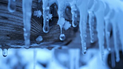 Close-up of melting icicles hanging from a wooden beam on a cold winter day. - Powered by Adobe