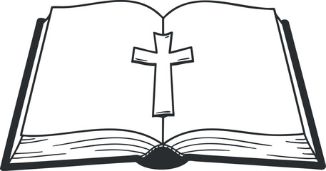 An open Bible featuring a cross illustration in a black and white outline vector style, ideal for religious or educational themes