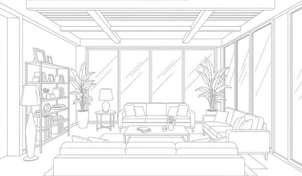 Living room interior design sketch with bookshelf sofa and plants featuring a clean silhouette style for architectural visualization and creative projects silhouette