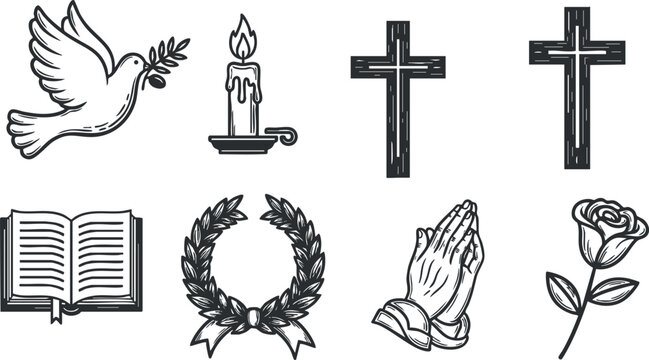 A collection of religious symbols including a dove, candle, crosses, open book, laurel wreath, praying hands, and rose in black and white outline vector style, suitable for spiritual design projects