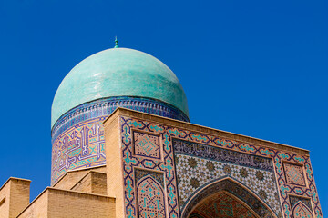 Uzbekistan architecture in Samarkand and Bukhara with intricate mosaics blue domes ancient madrasas Islamic patterns historic monuments vibrant tilework and cultural heritage in bright daylight