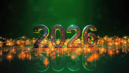 Sparkling 2026 year numbers with glitter and golden lights on a reflective green background, evoking a festive and hopeful future.