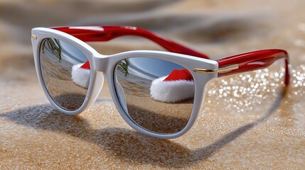 Christmas family at the beach, Christmas couple at the beach. Stylish sunglasses with red frames reflecting beach scene and Christmas hat, perfect for festive holiday vibes and summer fun