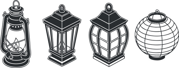 A collection of four vintage lanterns in black and white vector style, perfect for outdoor decor and event themes