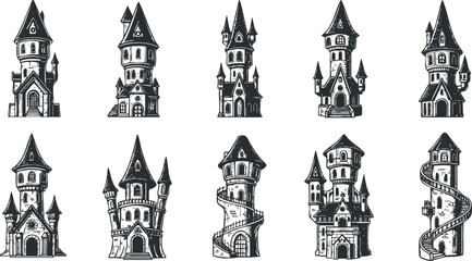 A collection of fantasy castle tower illustrations in vintage black and white outline style, suitable for storybook design and creative projects