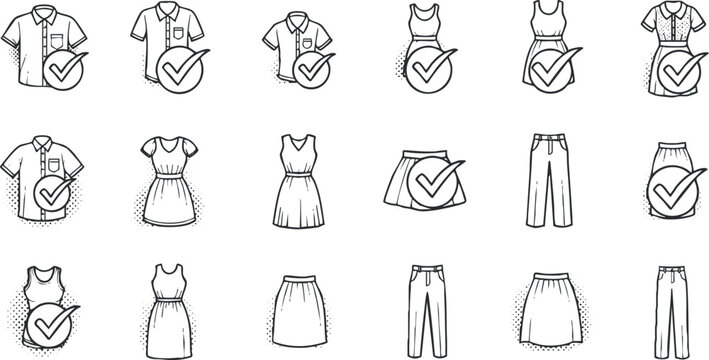 A collection of clothing icons featuring dresses, shirts, shorts, and pants in black and white minimalist vector style, ideal for fashion design and retail branding