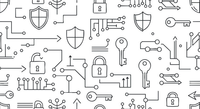 A seamless pattern of locks, keys, shields, and circuit lines in minimal outline vector style, ideal for cybersecurity projects