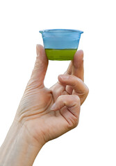 Taster's hand holding a technical blue cup with EVO oil. Isolated png on transparent background for...