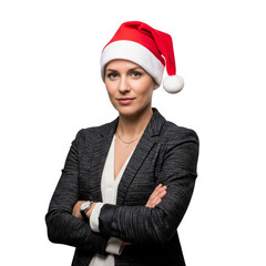 Smiling businessman crossed arms and wearing a santa hat isolated white or transparent background