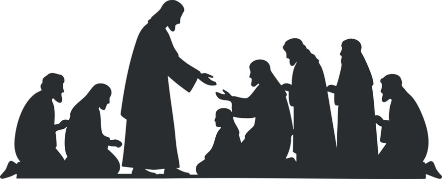 A silhouette of Jesus interacting with his disciples in a spiritual scene, depicted in a minimalist vector style, suitable for religious themes and educational materials