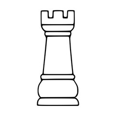 Stylized vector illustration of a classic chess rook piece with bold black outlines on a clean white background, representing strategic gameplay and intellectual pursuits.