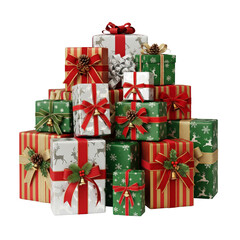 Christmas gift boxes pile isolated on white or transparent background