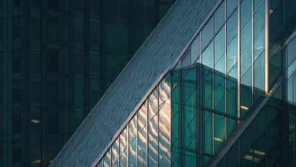 Abstract Architectural Building Facade with Geometric Glass Patterns and Reflections in Urban Environment during Twilight