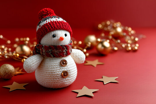 Knitted snowman in bobble hat celebrating Christmas holiday