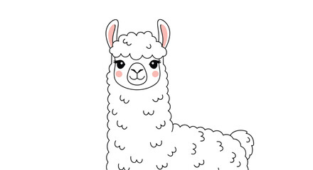 Naklejka premium Adorable white fluffy llama or alpaca with pink cheeks and big eyes, illustrated in a cute, friendly cartoon kawaii style.