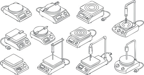 A collection of laboratory heating devices and scales in minimalist outline vector style, ideal for scientific research and educational materials