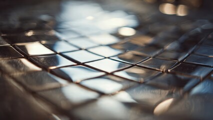 Abstract Artistic Close-up of Reflective Metallic Surface with Geometric Patterns and Blurred Light Reflections in Soft Focus