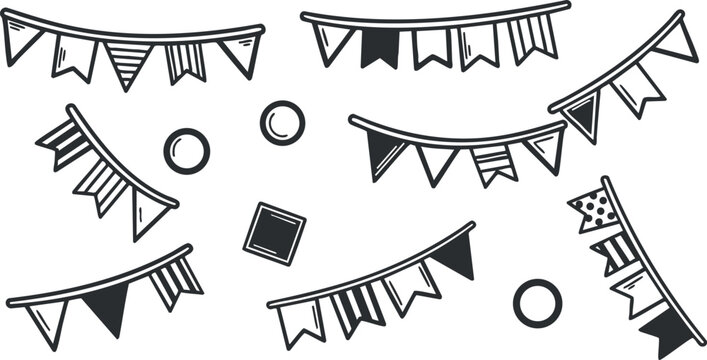 A collection of decorative banners and flags in black and white outline vector style, perfect for festive celebrations and event decorations