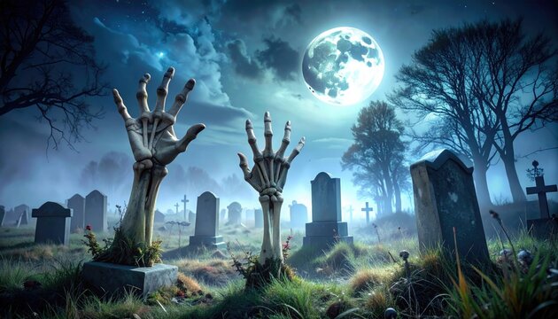 Spooky Halloween graveyard scene with skeleton hands emerging from the ground under a full moon and dramatic lighting