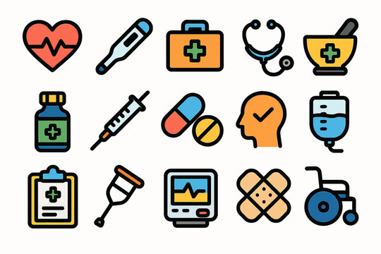 Colorful medical icons: healthcare symbols including heart, medicine, and equipment