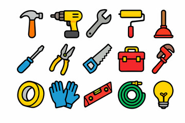 Obraz premium Colorful collection of illustrated tools for home improvement and diy projects